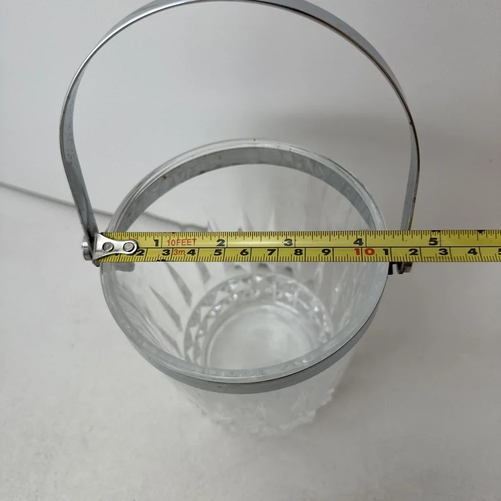Vintage French Crystal D'Arques Glass Ice Bucket Clear Chrome Handle 5